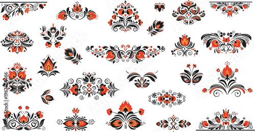 Russian Folk Floral Ornament Vector Set with Traditional Khokhloma Style Decorative Elements, Vintage Ethnic Floral Patterns Collection