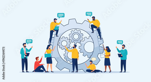 Teamwork and Collaboration: People working together on a giant gear mechanism