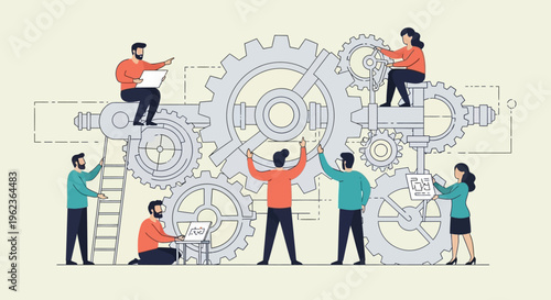 Teamwork and collaboration: people working together on a complex mechanism with gears