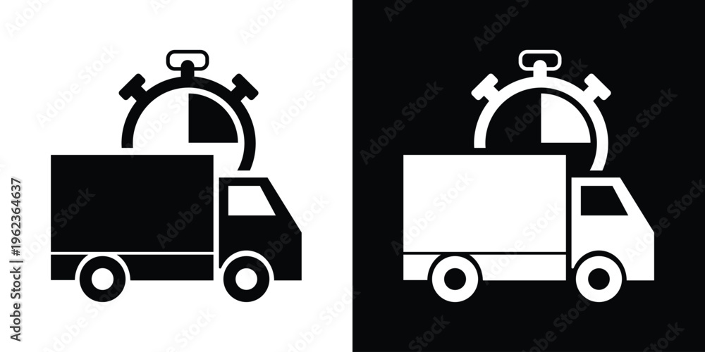 Fototapeta premium Express delivery van with a stopwatch showing a 15-minute interval. Rapid shipping and local courier service icon. Clean, minimalist vector design for logistics websites.