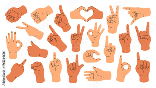 Colorful hand gestures collection showcasing various signs and symbolic finger formations in diverse tones