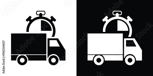 Express delivery van with a stopwatch showing a 15-minute interval. Rapid shipping and local courier service icon. Clean, minimalist vector design for logistics websites.