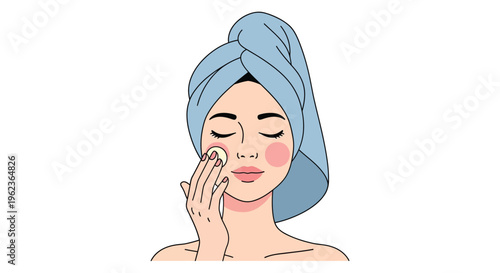 Woman applying facial toner in soft minimalistic illustration with pastel colors for skincare advertising