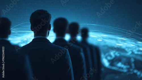 A group of business professionals stand silhouetted against a digital globe with connected network lines under a starry sky, symbolizing global connectivity.