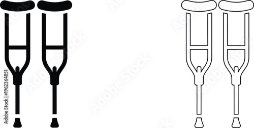 Medical crutches icon set, black solid and outline walking aids for injury recovery, orthopedic mobility equipment vector illustrations