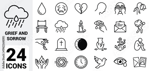 Black and white grief and sorrow icon set featuring crying faces, broken hearts, wilted flowers, gravestones, storm clouds, candles, emotional symbols, loss concepts, and mental distress themes