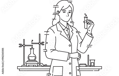 Scientist woman in lab coat working with test tube and laboratory equipment featuring science, research, experiment with chemistry and biology