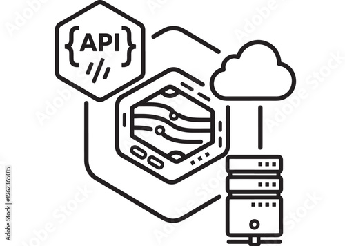 API interface symbol with cloud server and database connection featuring network, technology, software with development and icon elements for