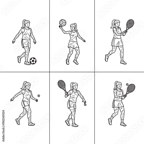 Women playing sports set with black and white illustrations of soccer, tennis, and paddle tennis players in action