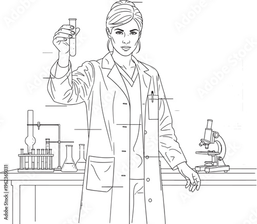 Scientist woman in lab coat holding test tube with laboratory equipment behind featuring science, research, experiment with chemistry and biology