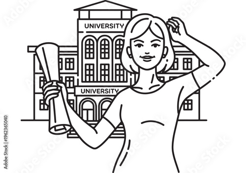 Woman standing with diploma in hand in front of university building featuring adult, female, person with people and education elements for