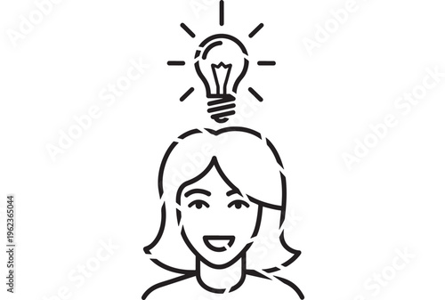 Head woman cartoon with smiling face and lightbulb idea above featuring inspiration, creativity, thought with concept and innovation elements for