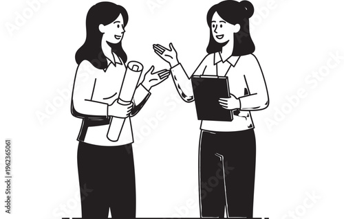 Women discussing and pointing at documents in hand with smiles featuring discussion, conversation, papers with smiling and business elements for