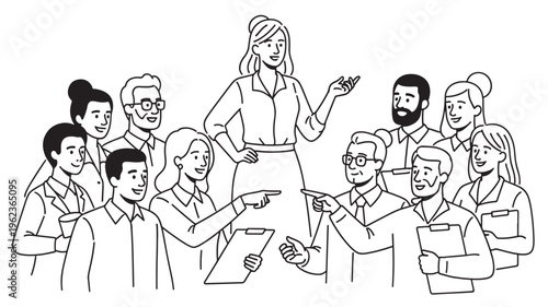 People a group of diverse coworkers discussing around a table with a woman standing featuring team, meeting, discussion with business and office