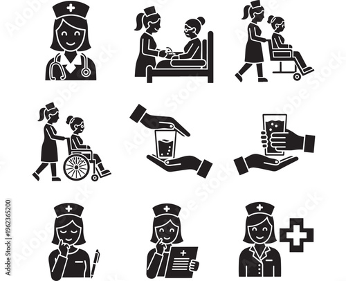 Nurse icons set with black silhouettes and medical care actions featuring healthcare symbols, doctor, hospital with medicine and health elements for