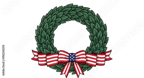 Elegant green laurel wreath adorned with a patriotic American flag ribbon, symbolizing victory, honor, and remembrance for national celebrations and commemorative events