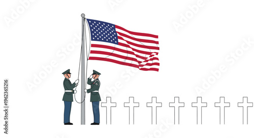 Two soldiers raising the American flag at a cemetery with white crosses, symbolizing remembrance and honor