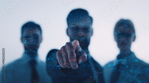 Three business professionals stand with one pointing forward, overlaid with digital data patterns symbolizing technology and innovation.
