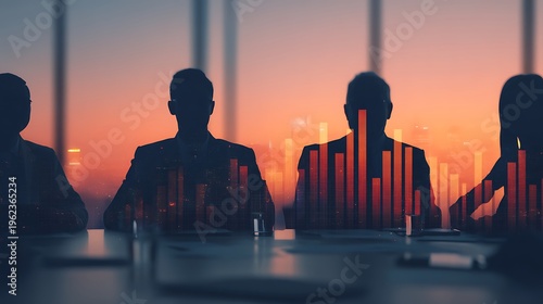 Silhouetted businesspeople in a meeting room with a cityscape and stock market graphs overlay during sunset.