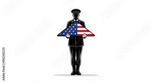 Stylized graphic of a uniformed service member reverently presenting a perfectly folded national flag, embodying deep respect and remembrance for patriotic duty