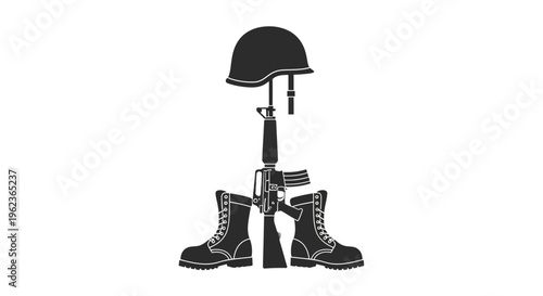 Solemn memorial tribute featuring a fallen soldier's helmet, rifle, and boots, a poignant symbol of military sacrifice, honor, and remembrance in a stylized monochrome vector illustration