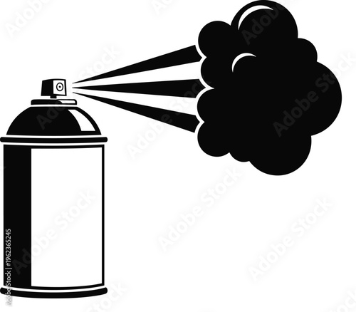 Aerosol spray can silhouette, black and white illustration, spray cloud icon design, simple minimal vector for painting deodorizing disinfecting branding
