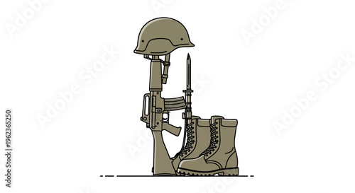 Fallen soldier's memorial helmet on rifle with boots, a poignant tribute to military service and sacrifice