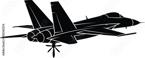Black silhouette illustration of modern fighter jet aircraft in flight, military aviation, technology, speed, aerodynamics concept design