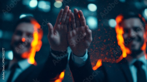A person warms their hands near a flame against a blurred urban night background with glowing embers floating in the air.