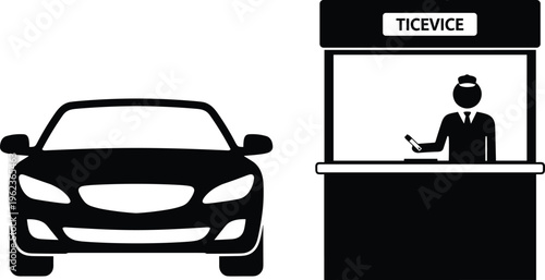 Black silhouette illustration of car at ticket booth with person inside, parking, toll, event entrance concept design