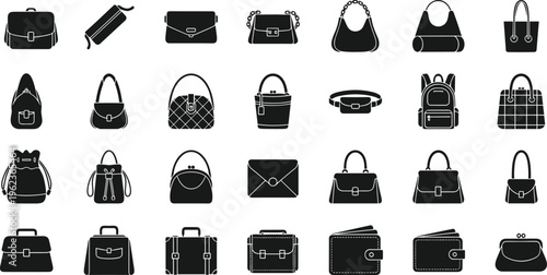 Bag wallet icon collection with backpack handbag purse tote clutch satchel briefcase fashion accessory artwork, black vector template set