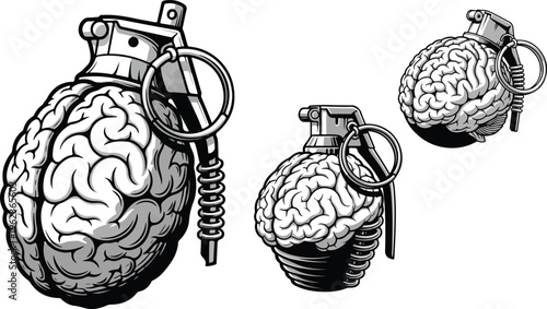 Surreal brain grenade vector illustration, conceptual human mind explosion icons, creative intelligence and mental power weapon set