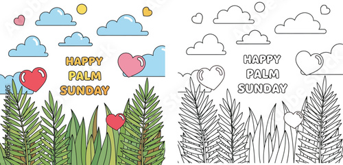 Happy Palm Sunday Card and Coloring Page with Palm Branches Hearts and Clouds Vector Illustration for Kids Sunday School Activity