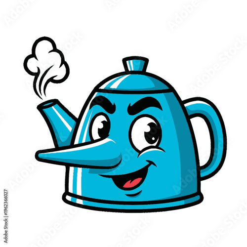 Cartoon blue teapot with a long nose and steam.