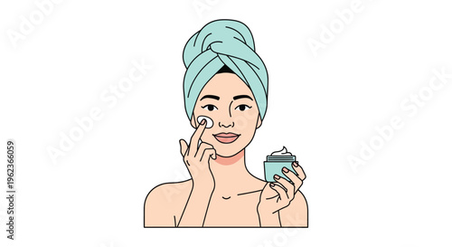Woman applying cream on face with cotton pad in minimalist illustration for skincare advertising