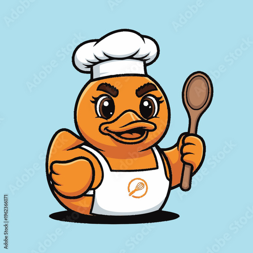 Cartoon Chef Duck Character Holding Spoon.