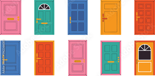 Open and closed door collection cartoon entrance and exit doors with handles and frames home architecture vector set illustration