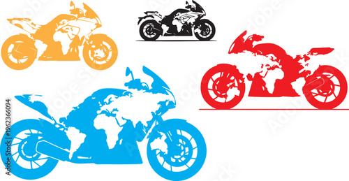Adventure motorcycle silhouettes with world map pattern, set of 4 touring motorbike vectors, global travel and motorcycling concept graphics