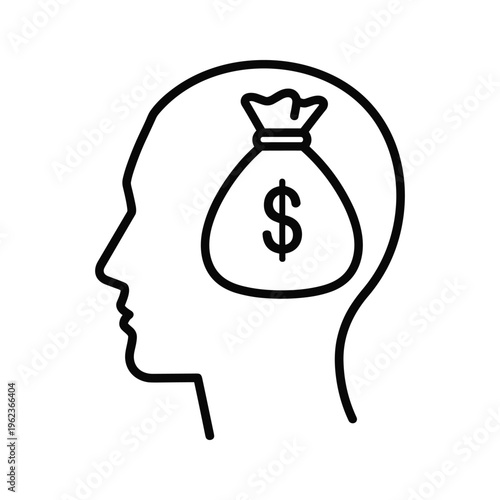 A silhouette head with a money bag symbolizing greed or materialistic thinking