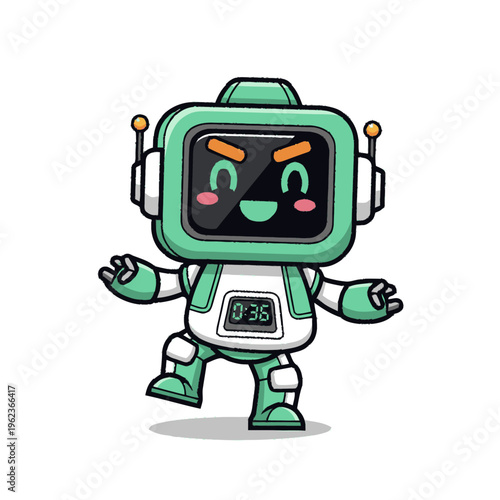 Cartoon robot with square head smiling.