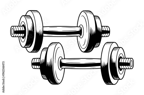 Black and white vintage style dumbbells arranged diagonally a white background weights