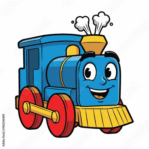Cute Blue Cartoon Train Character with Happy Face.