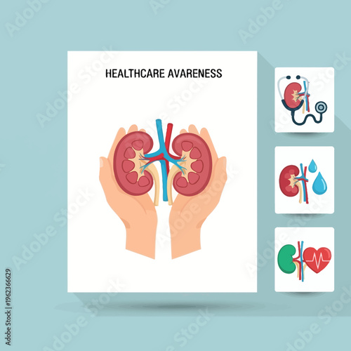 Healthcare Awareness: Hands Holding Kidney, Medical Icons for Health and Donation