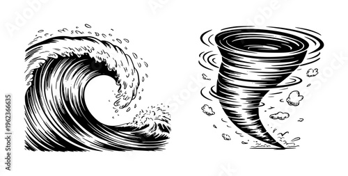 Black and white of a powerful ocean wave and a swirling tornado a white background