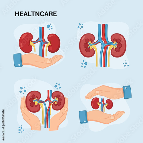 Healthcare: Hands Protecting Human Kidneys, Medical Anatomy Illustration