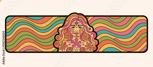 Retro 70s groovy festival body art vector illustration. Hippie woman portrait with floral face paint on wavy striped background. Flat design boho character