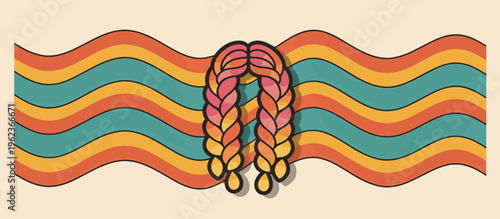 Retro 70s groovy festival hairstyle vector illustration. Hippie gradient braids on wavy striped background. Flat design boho hair accessory banner