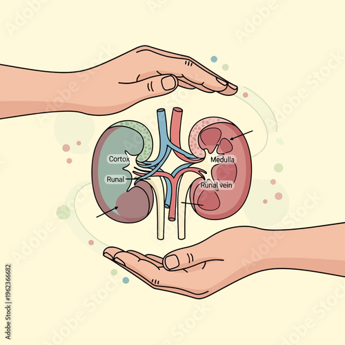 Human Hands Protecting Anatomical Kidney Illustration, Medical Health Care Concept