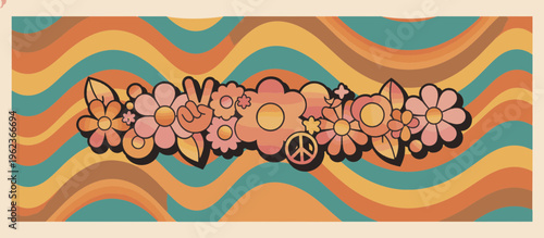 Retro 70s groovy flower crown vector illustration. Hippie peace sign and floral elements on wavy striped background. Flat design festival banner template