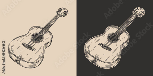 Vintage retro engraving woodcut style sketch draw paint of acoustic guitar music instrument. Monochrome sound rhythm device illustration